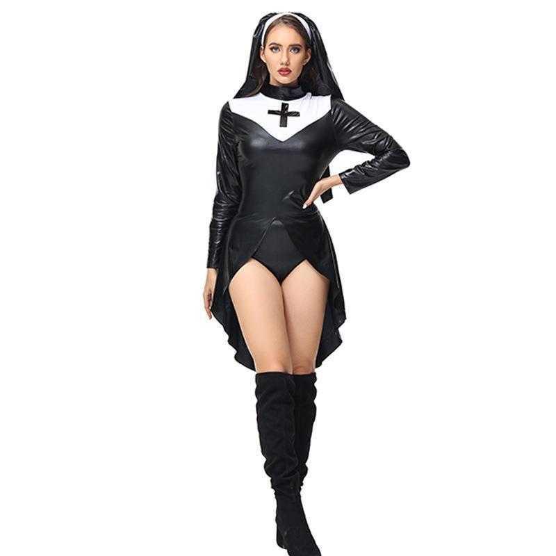 Cross Nun Nurse Patent Leather Costume for Women, product photo 4 on a white background