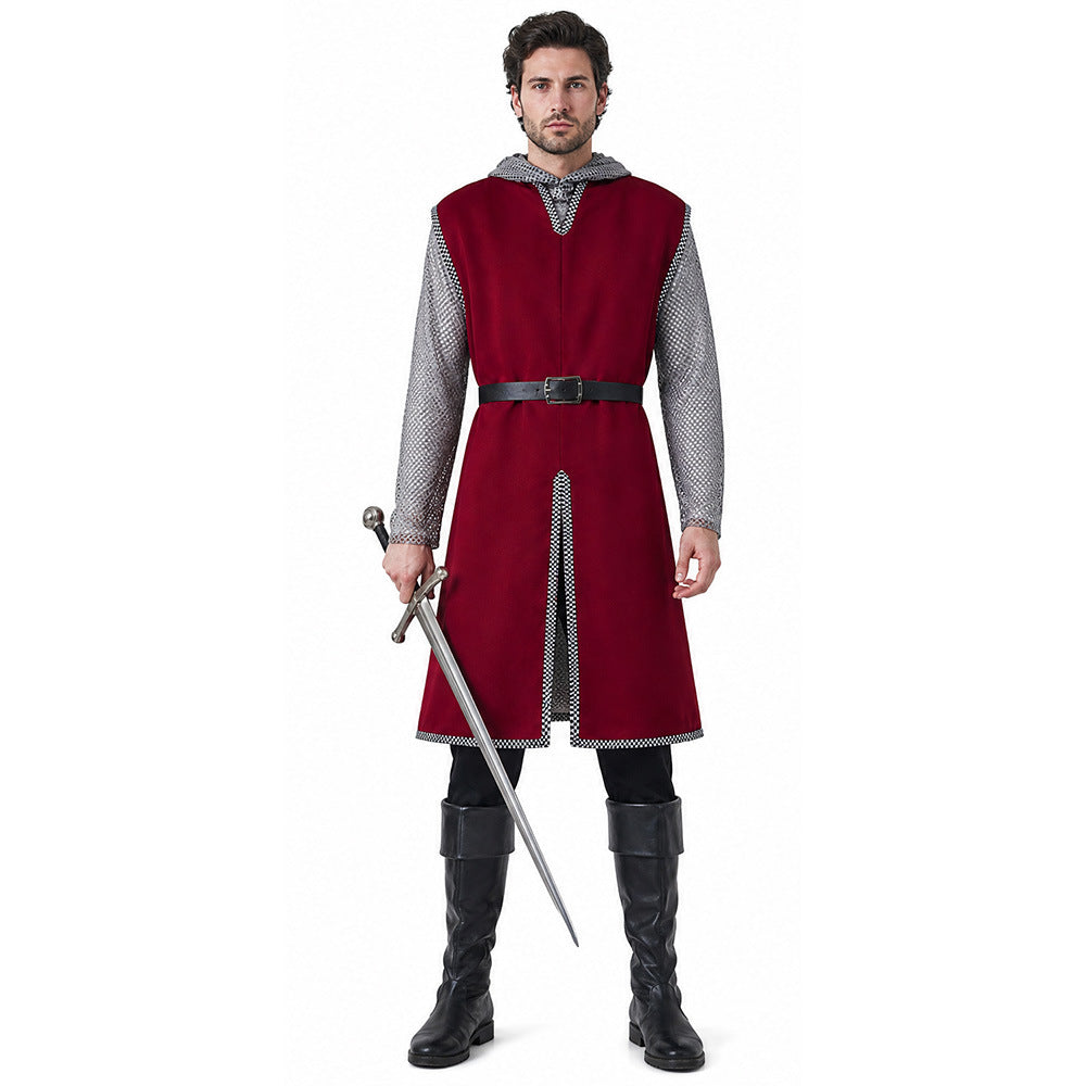 Medieval Knight Warrior Costume for Men, front view on a white background