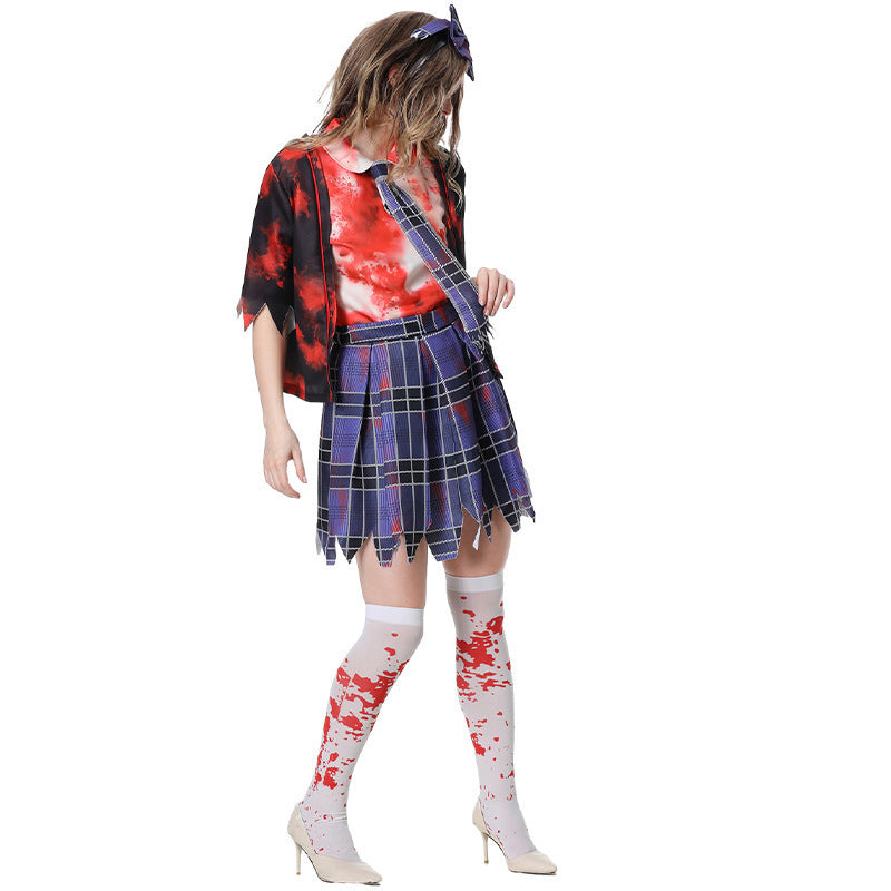 Bloody Vampire Zombie Schoolgirl Costume for Women, product photo 3 on a white background