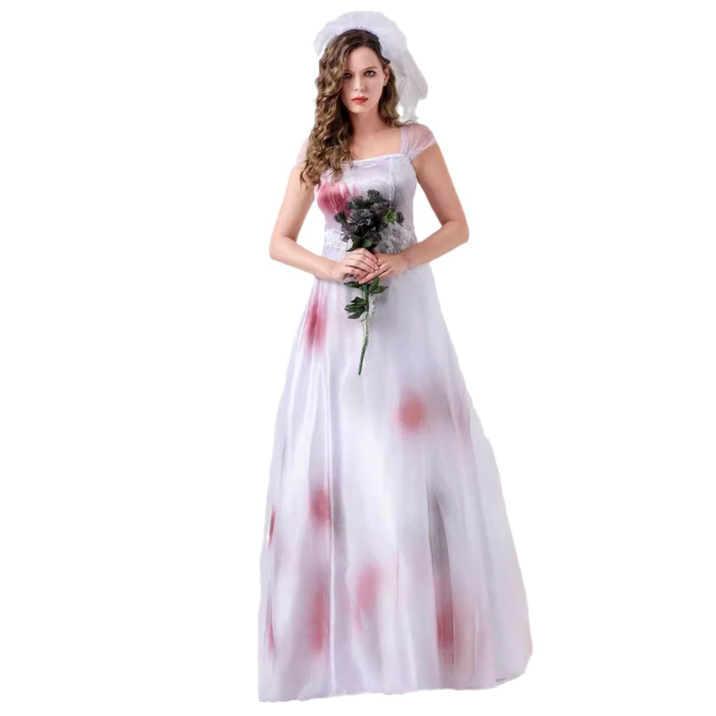 White Ghost Bride Witch Costume for Women, front view on a white background