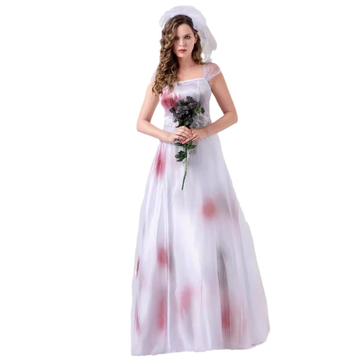 White Ghost Bride Witch Costume for Women, front view on a white background