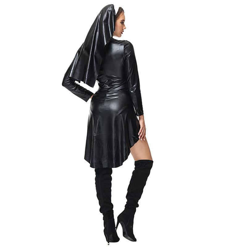 Cross Nun Nurse Patent Leather Costume for Women, product photo 3 on a white background