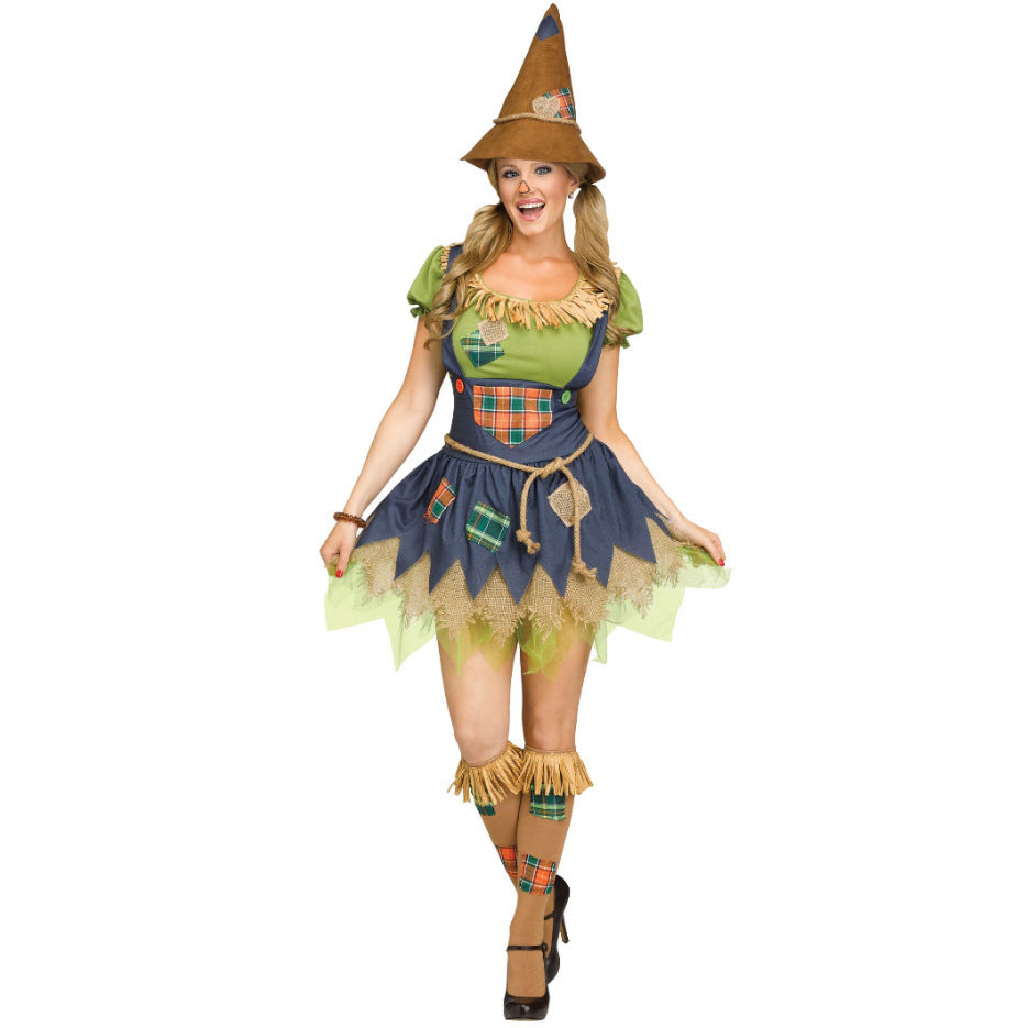 Scarecrow Costume Women Halloween Cosplay Outfit Plaid Dress