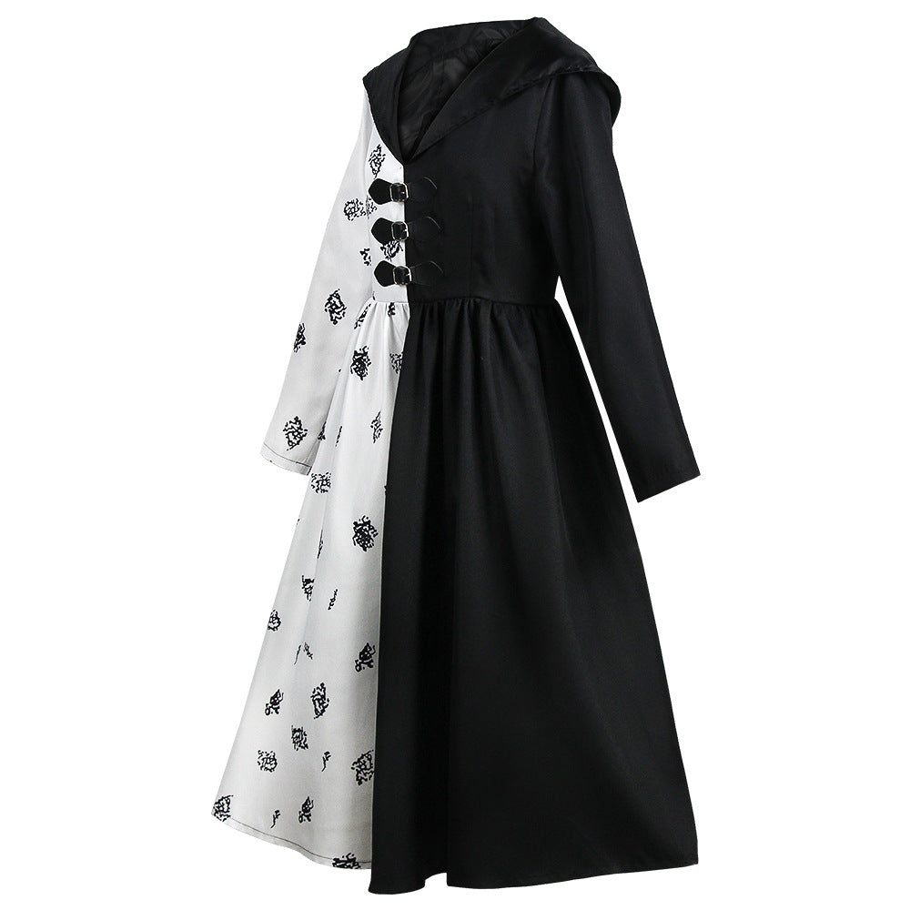 Cruella de Vil Costume Women Black White Dress 101 Dalmatians Halloween Cosplay