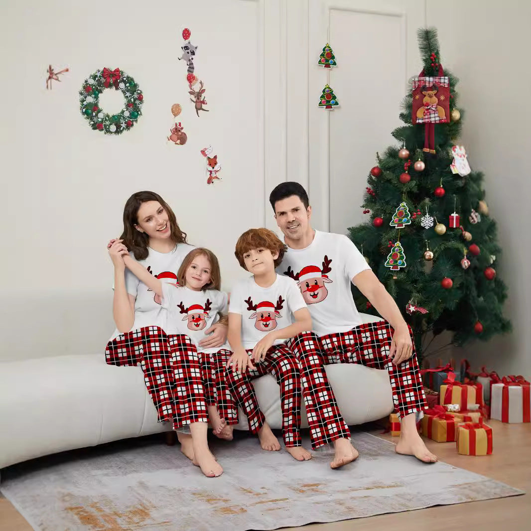 Christmas Deer Plaid Short Sleeve Family Matching Pajamas Sleepwear Set