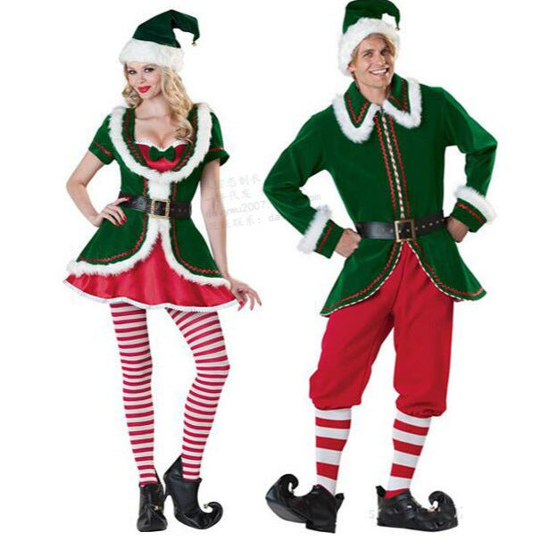 Christmas Clown Costume for Couples, front view on a white background