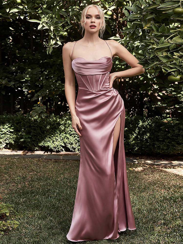 Fitted Evening Dress for Christmas Party High Waist Slit Satin Dress