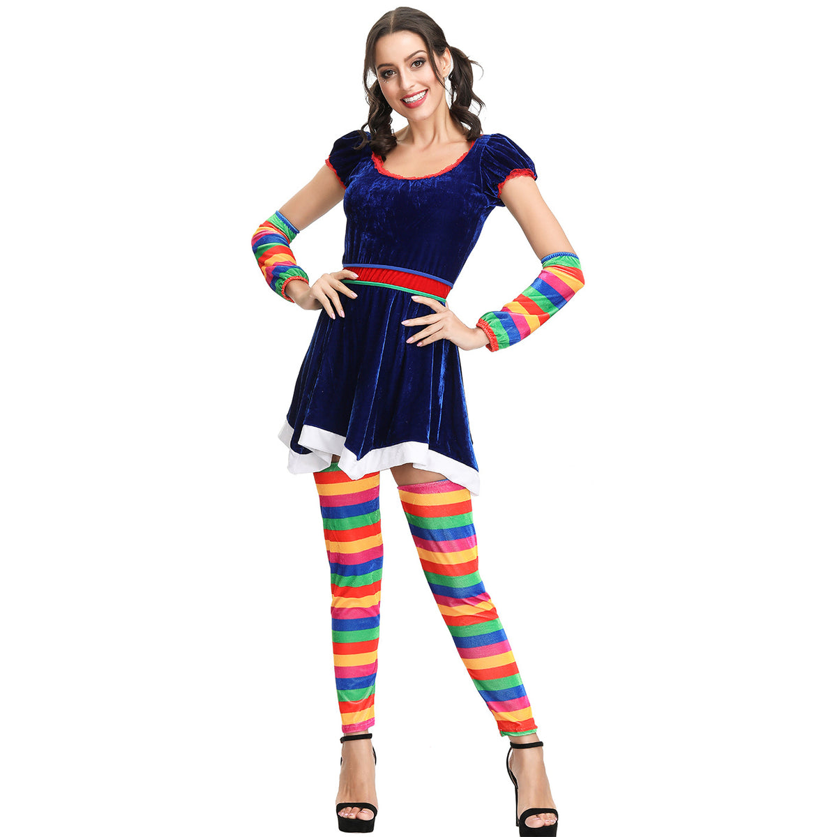 Rainbow Striped Clown Costume for Women, product photo 2 on a white background