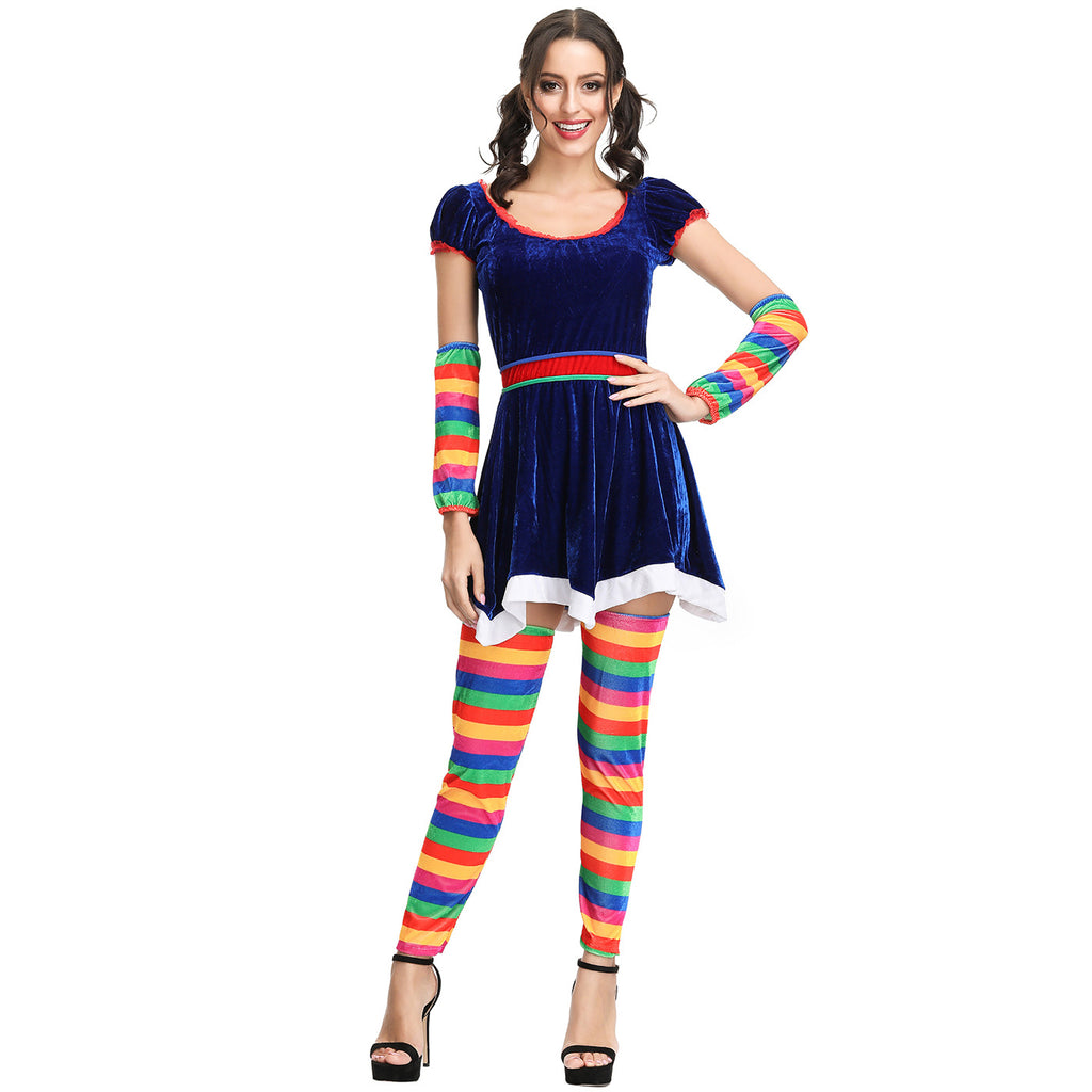 Rainbow Striped Clown Costume for Women, front view on a white background