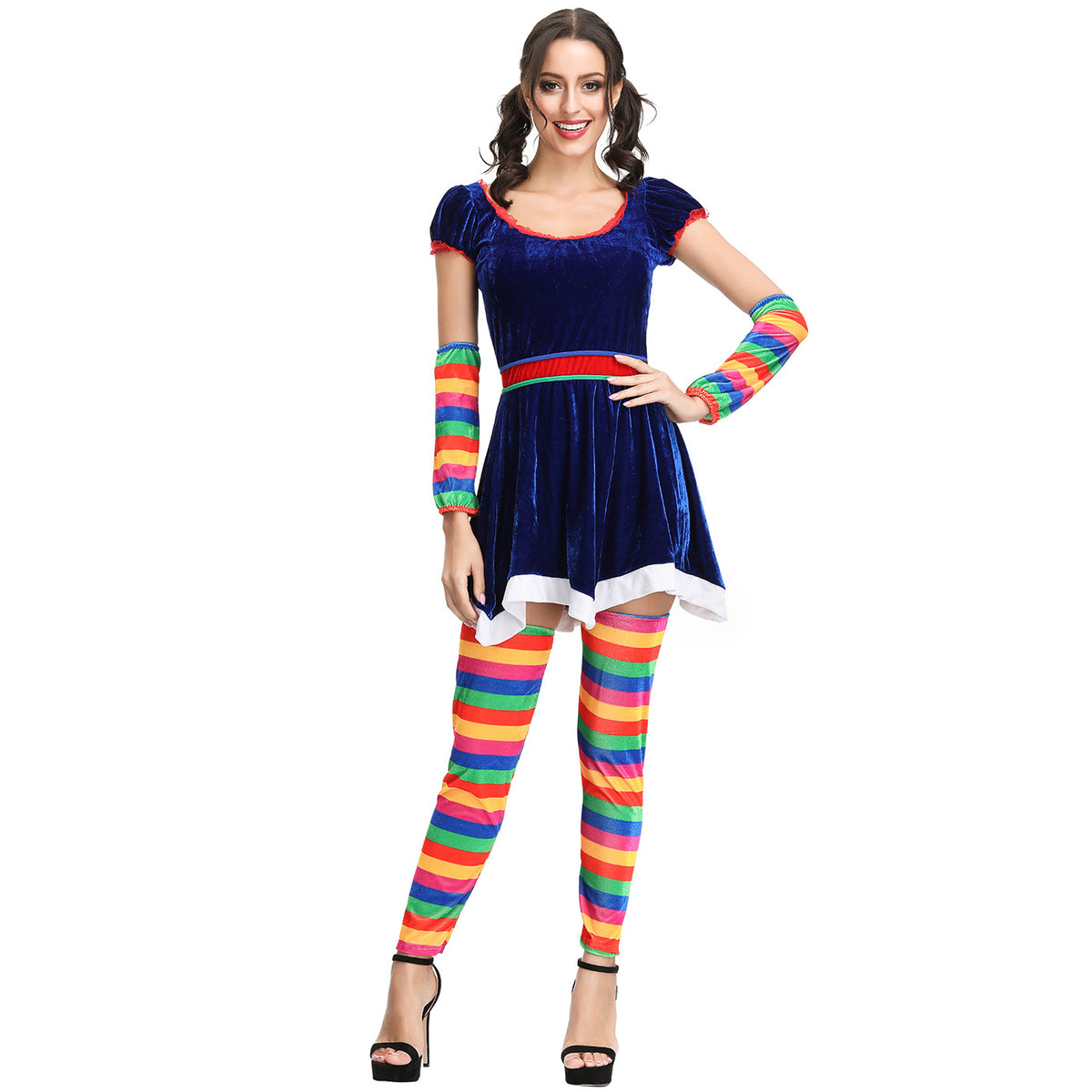 Rainbow Striped Clown Costume for Women, front view on a white background