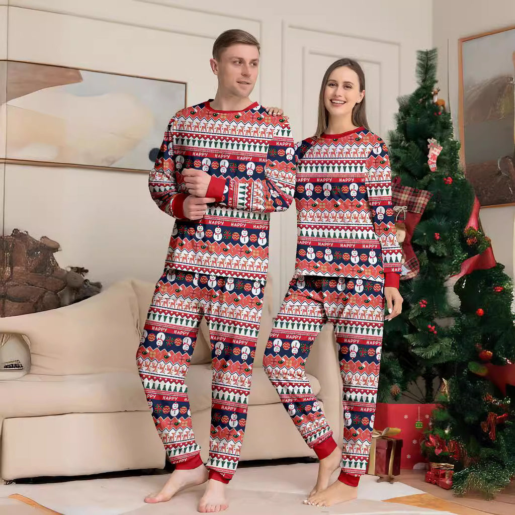 Christmas Family Matching Pajamas Snowman Deer Print Full Floral Home Wear Couple Sleepwear Set