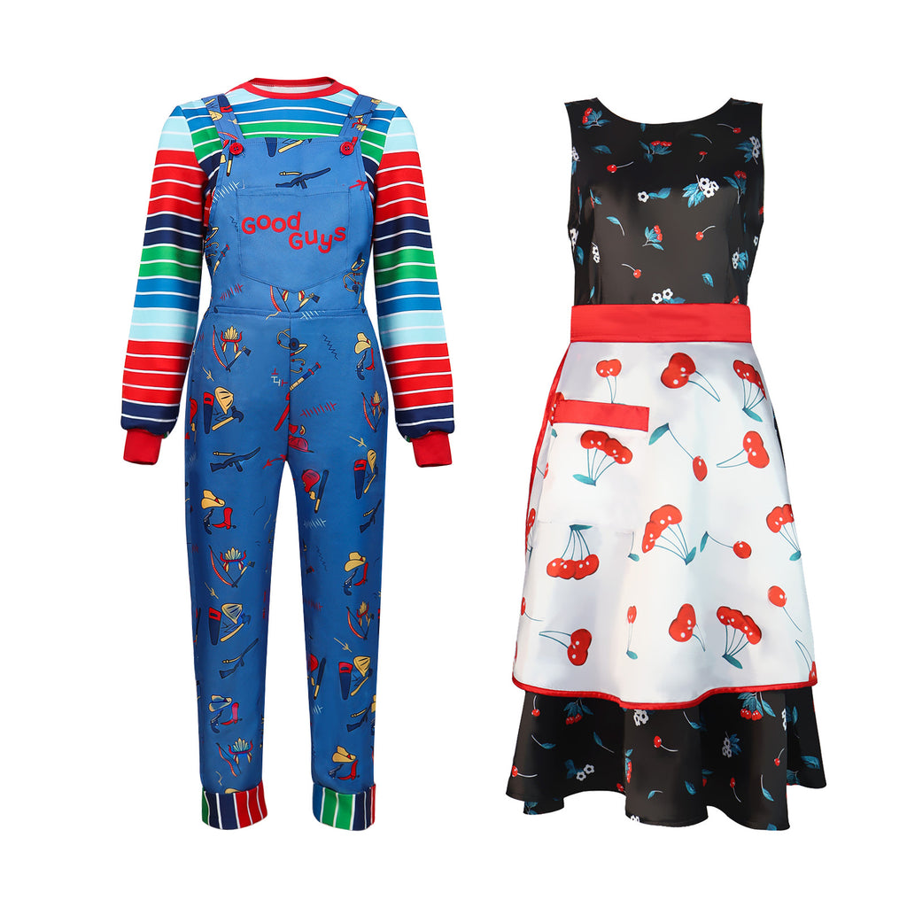 Killer Doll Couple Overalls Costume for Adults, front view on a white background