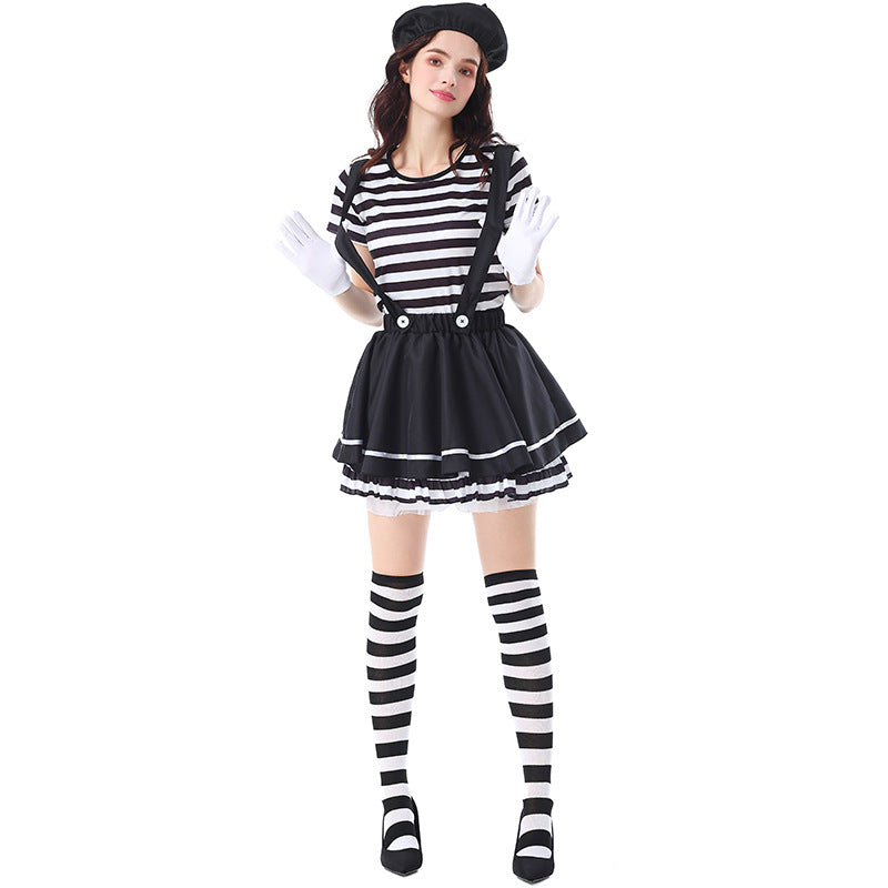 Striped Mime Clown Costume for Women, product photo 2 on a white background