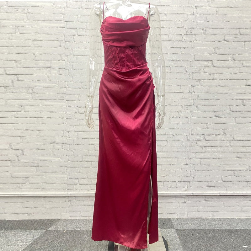 Fitted Evening Dress for Christmas Party High Waist Slit Satin Dress