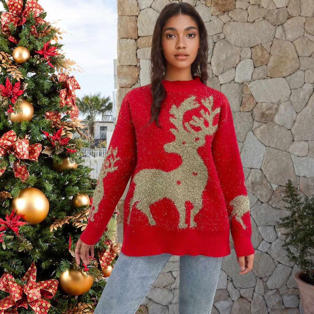 Christmas Golden Thread Deer Snowflake Sweater Female