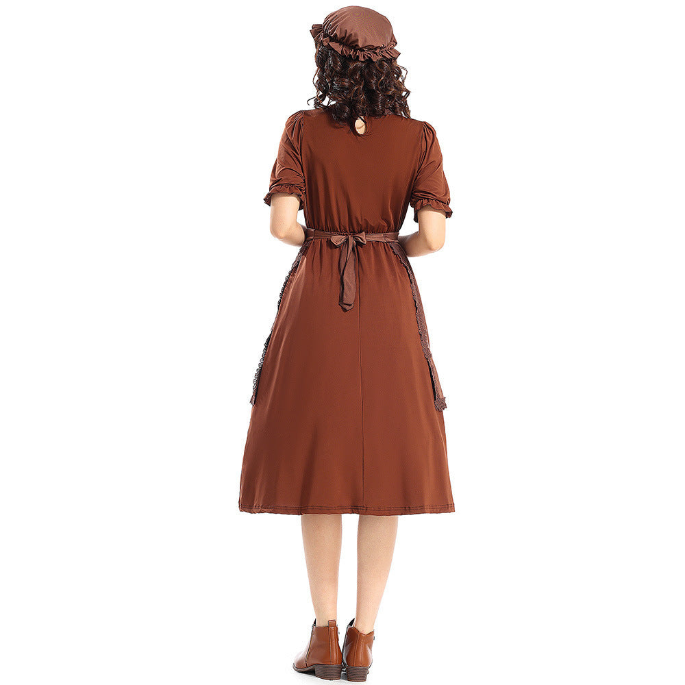 Colonial Pioneer Costume Deep Brown WolfCosplay Granny Maid Outfit with Lace