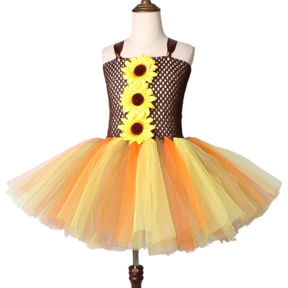 Sunflower Mesh Children's Dress Princess Tutu Dress Halloween Party Scarecrow