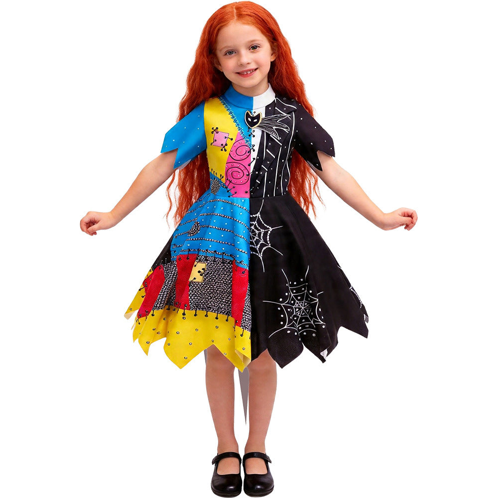 Children's clothing cosplay, Christmas Eve horror female lead, same style spliced jumpsuit, girls' Halloween performance costume