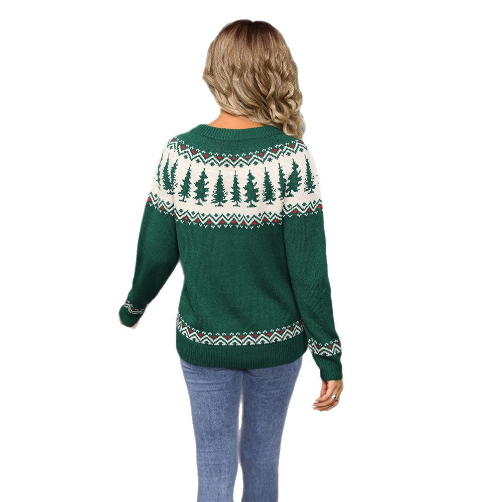 Christmas sweater round neck jacquard Christmas tree green sweater for women