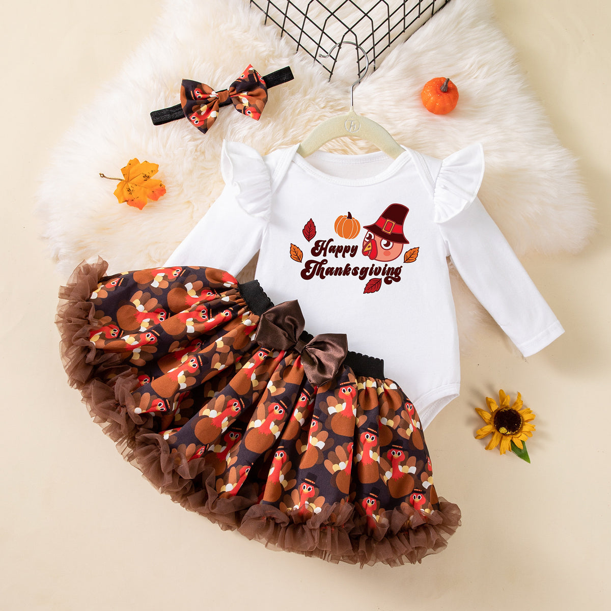 Children's Clothing Thanksgiving Girls Baby Dress Set Cartoon Turkey Long