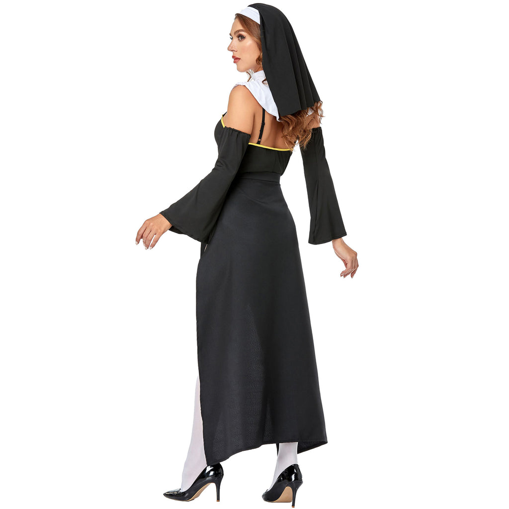 Nun Costume Women Halloween Cosplay Role Play Black Habit Dress