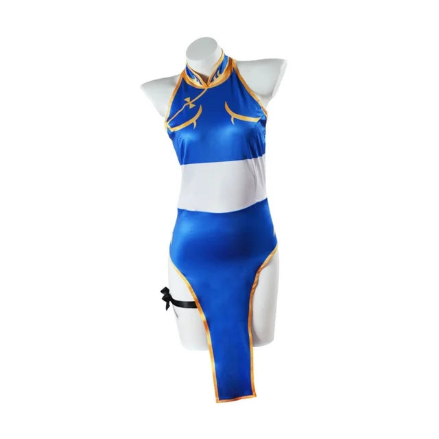 Chun-Li Cosplay Costume Women Blue Cheongsam Dress Street Fighter Halloween