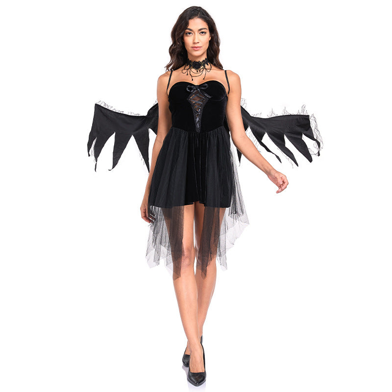 Dark Angel Red Devil Costume for Women, front view on a white background