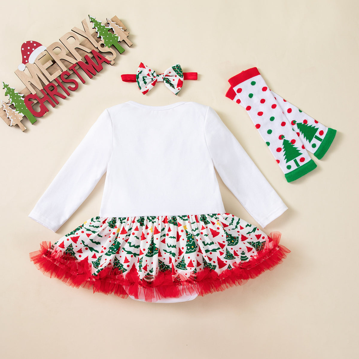 Christmas Children's Clothing Printed Christmas Theme Baby Girl Party Dress 3-Piece Set