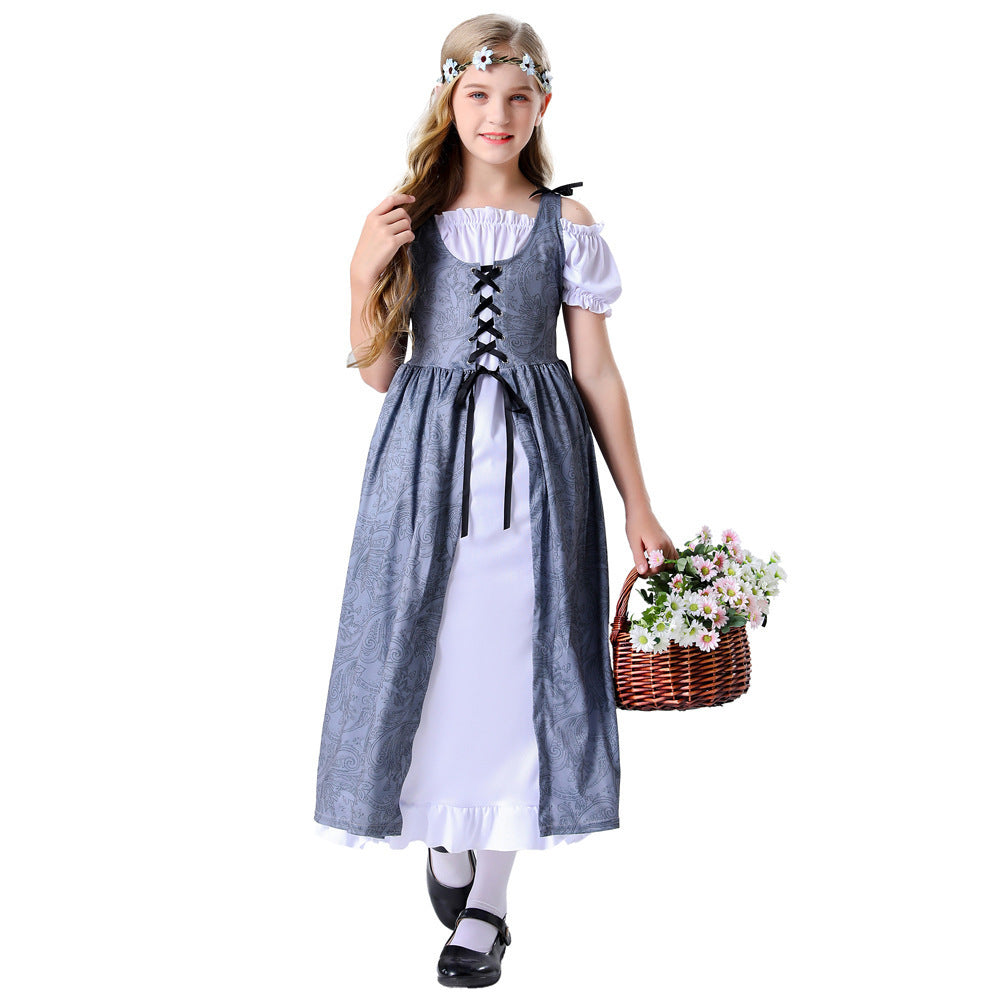 Medieval Countryside Maid Dress for Girls, front view on a white background