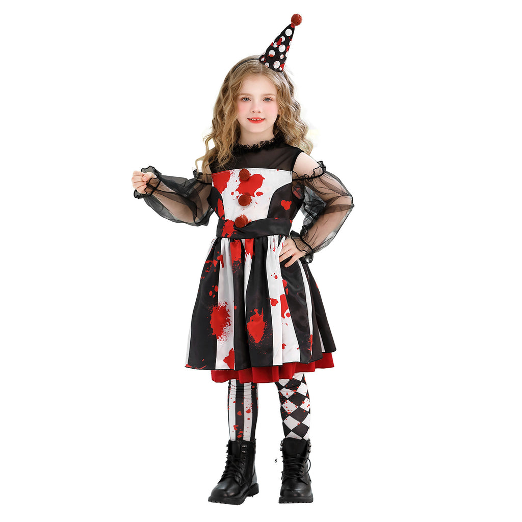 Circus Clown Costume for Girls, front view on a white background