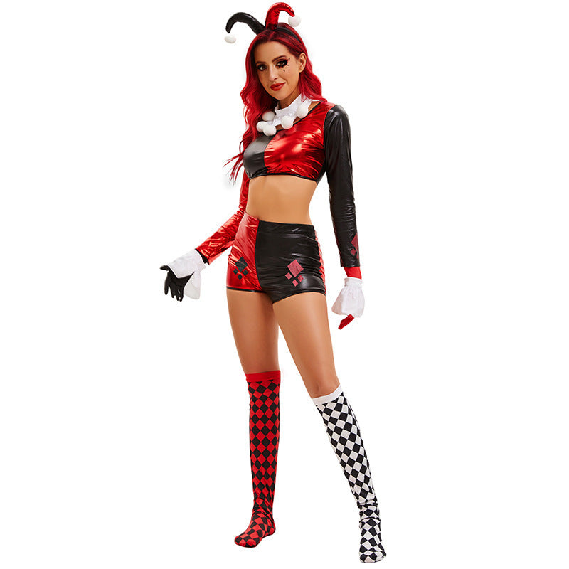 Sexy Jester Clown Costume Women Bodysuit Halloween Circus Black Red