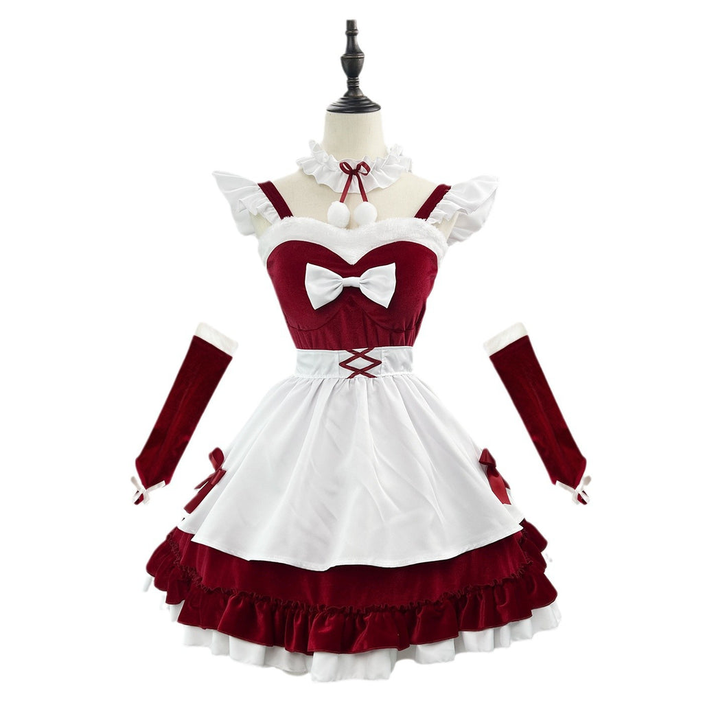 Wine Red Velvet Christmas Costume for Women, front view on a white background