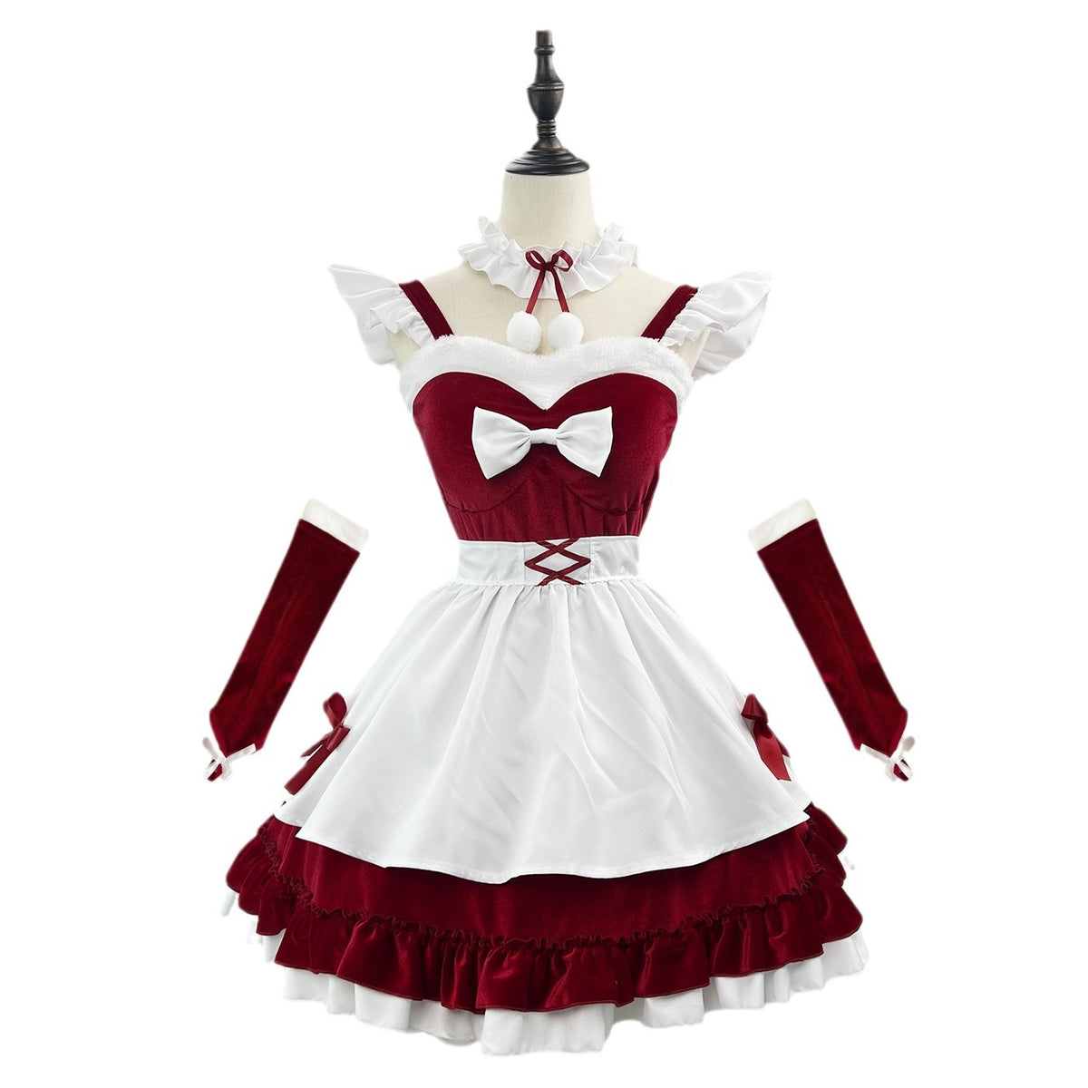 Wine Red Velvet Christmas Costume for Women, front view on a white background
