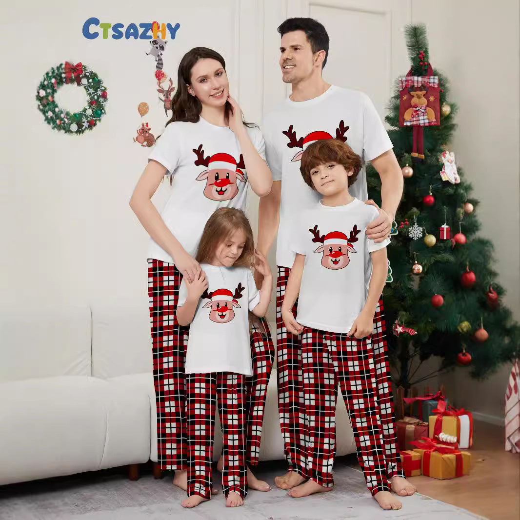 Christmas Deer Plaid Short Sleeve Family Matching Pajamas Sleepwear Set