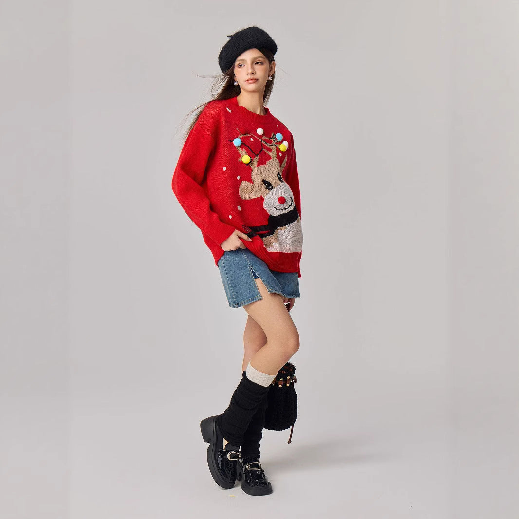 Christmas reindeer cartoon sweater for women