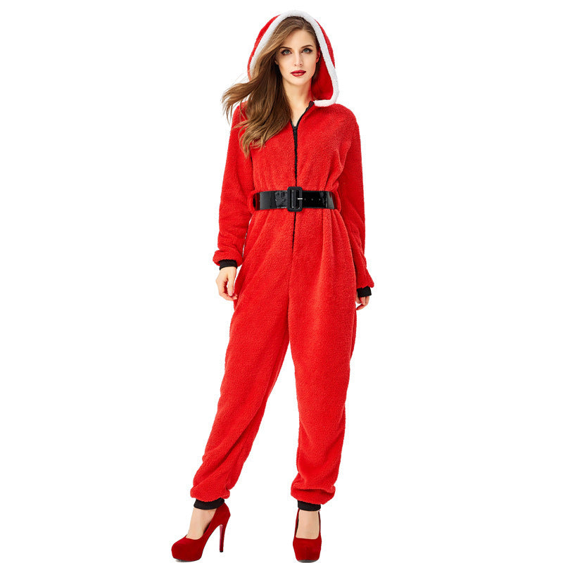 Adult women's red Christmas hooded jumpsuit Santa Claus