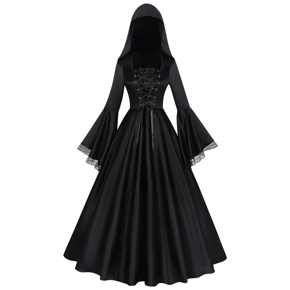 Gothic Medieval Witch Hooded Dress for Women, front view on a white background