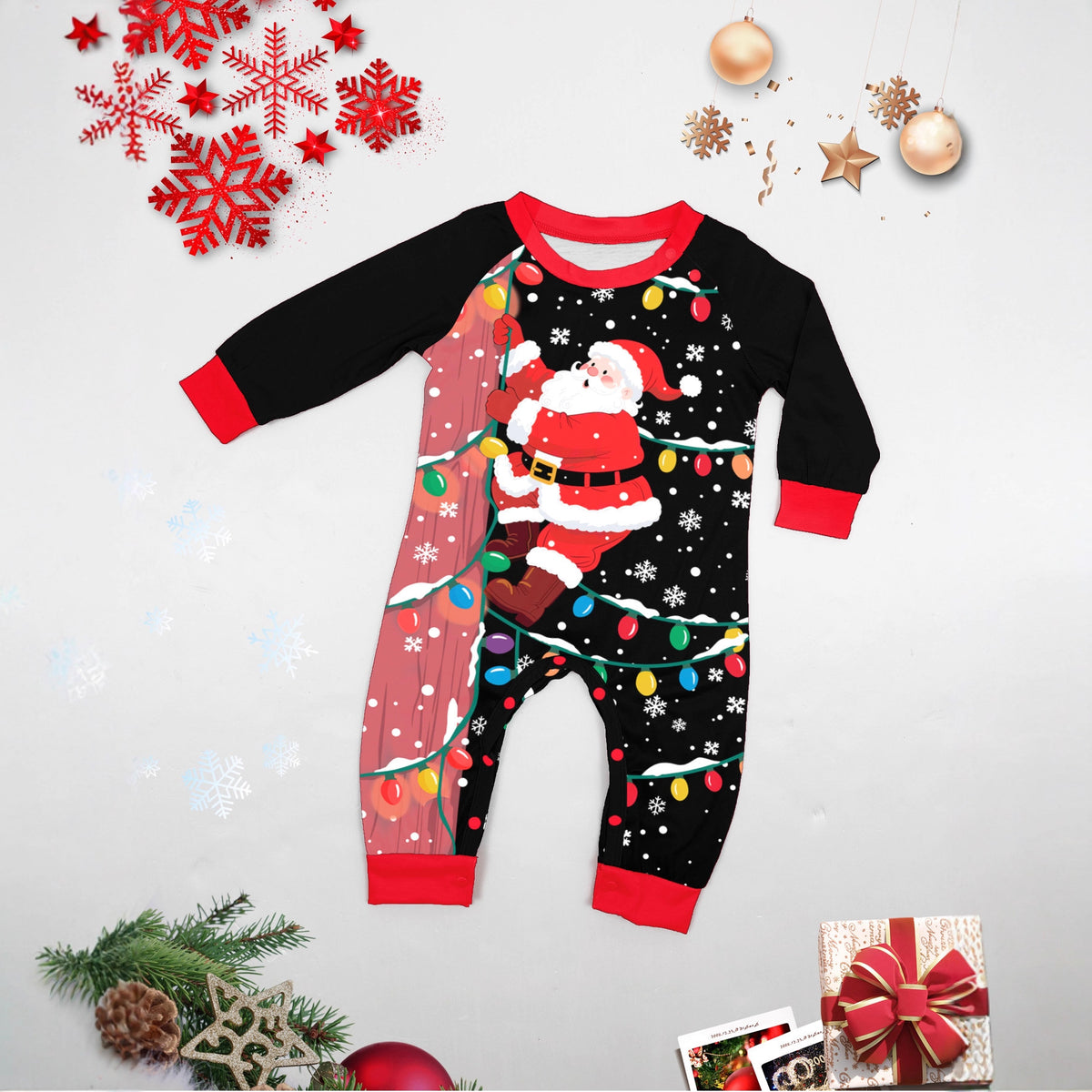 Family Christmas Pajamas  Black Printed Home Wear with Light-Up Design, Matching Parent-Child Outfits