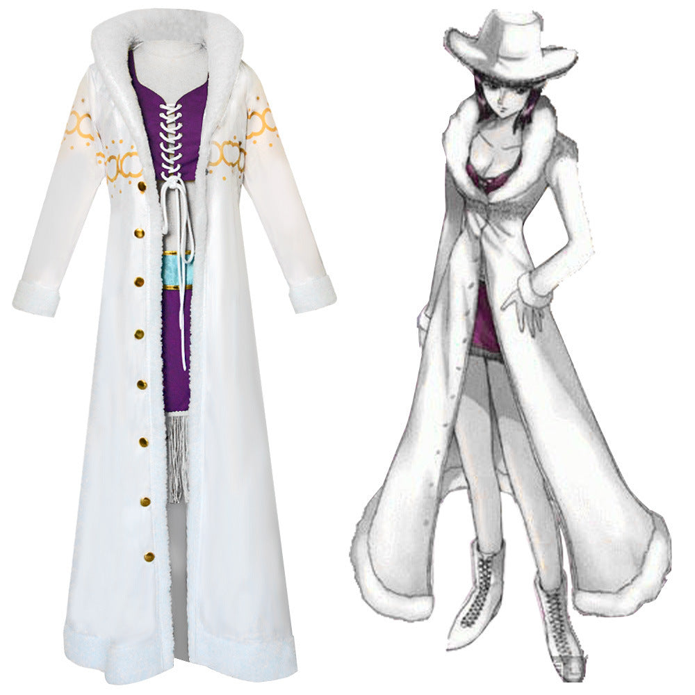 One Piece Nico Robin Cosplay Costume Fur Collar Coat Outfit Adult Halloween