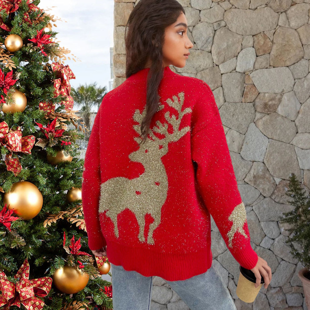 Christmas Golden Thread Deer Snowflake Sweater Female