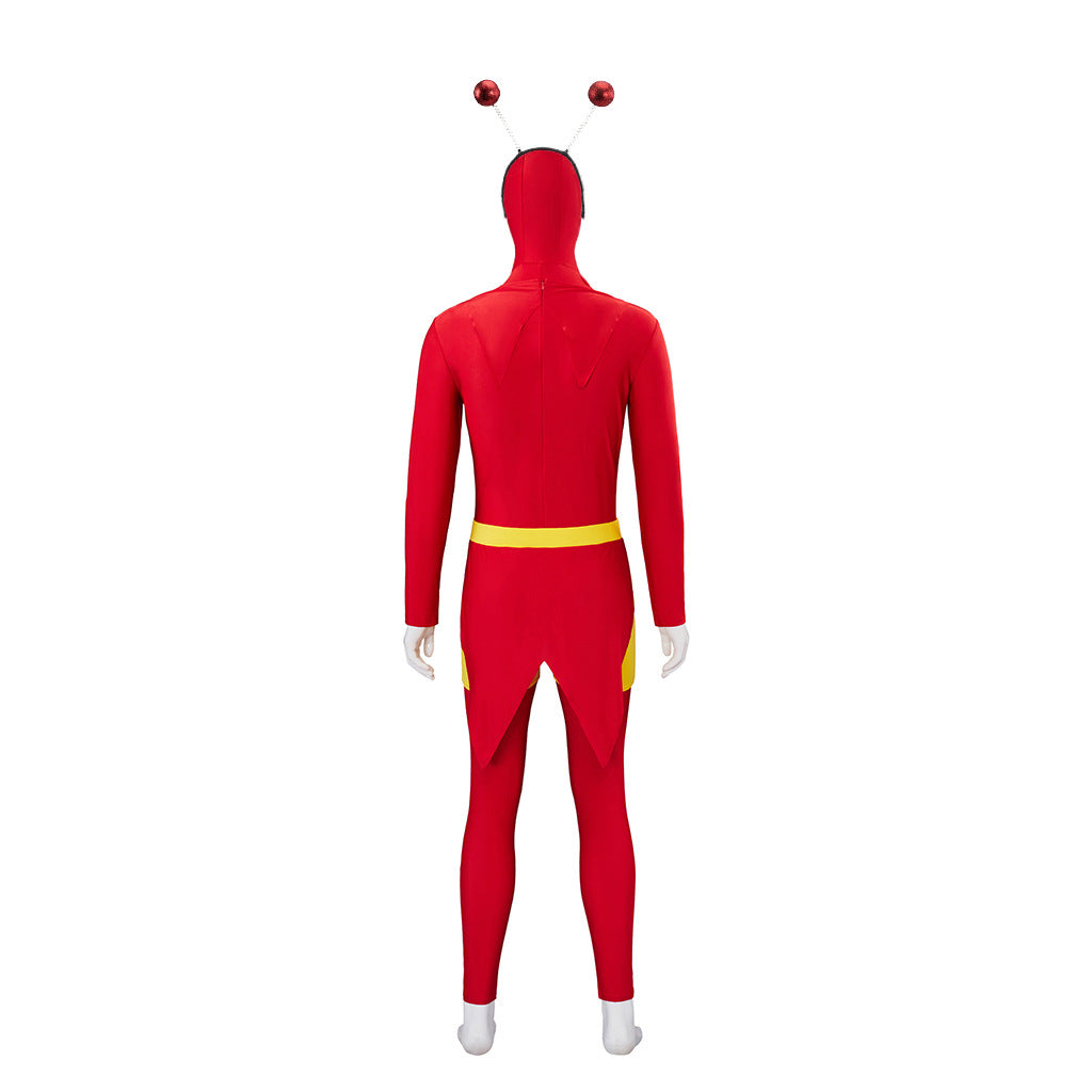 Red Grasshopper Superhero Costume for Adults, product photo 3 on a white background