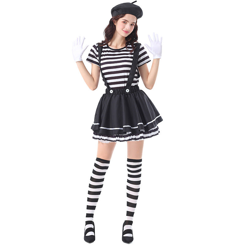 Striped Mime Clown Costume for Women, product photo 3 on a white background