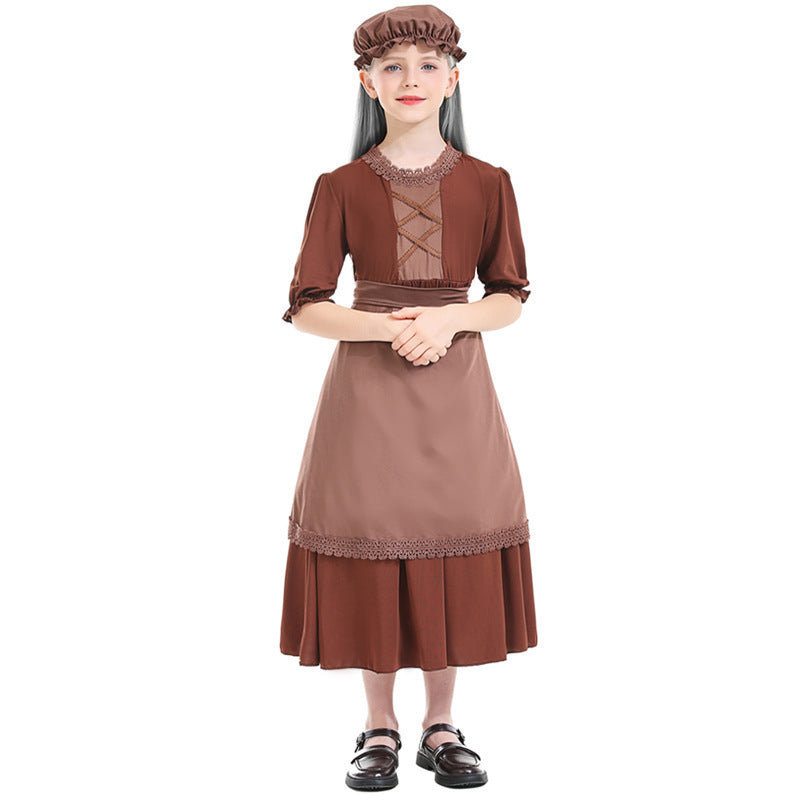 Grandmother's Deep Brown Wolf Cosplay Maid Costume with Lace Trim, Colonial