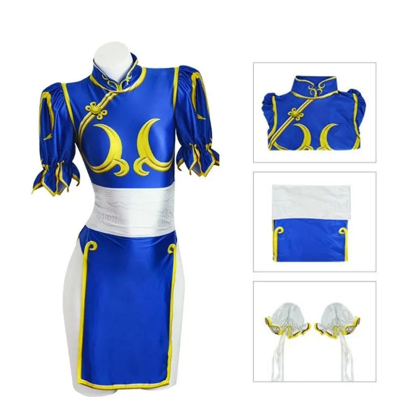 Chun-Li Cosplay Costume Women Blue Cheongsam Dress Street Fighter Halloween