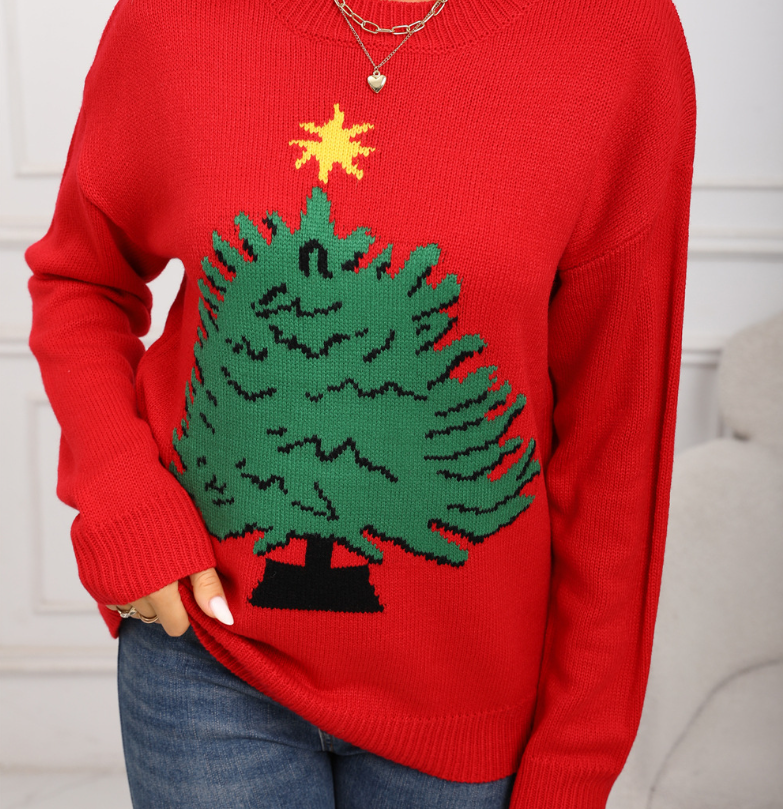Red Christmas Pullover Long Sleeve Christmas Tree Knit Sweater