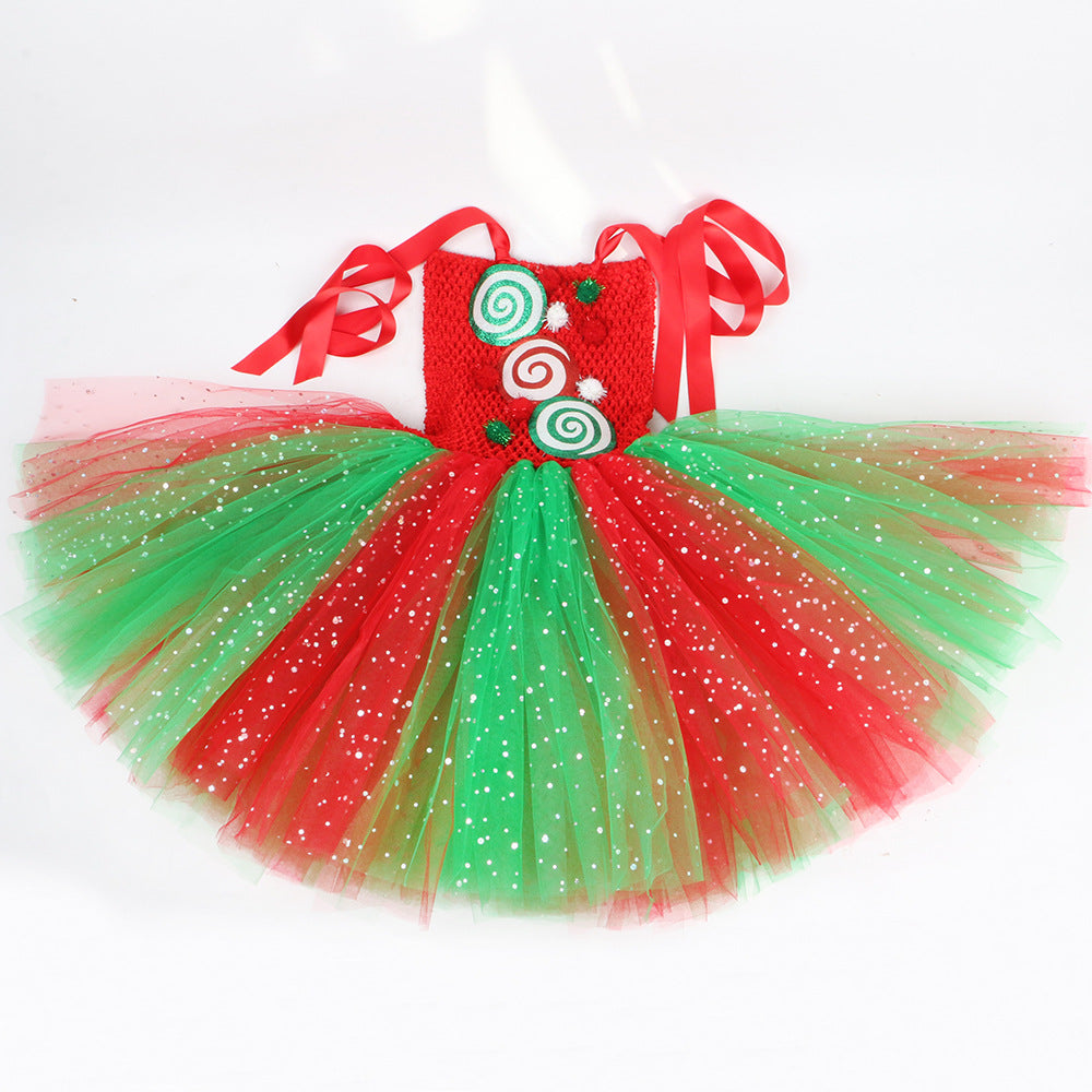 Christmas Elf Costume Girls Kids Red Green Candy Tulle Dress Holiday