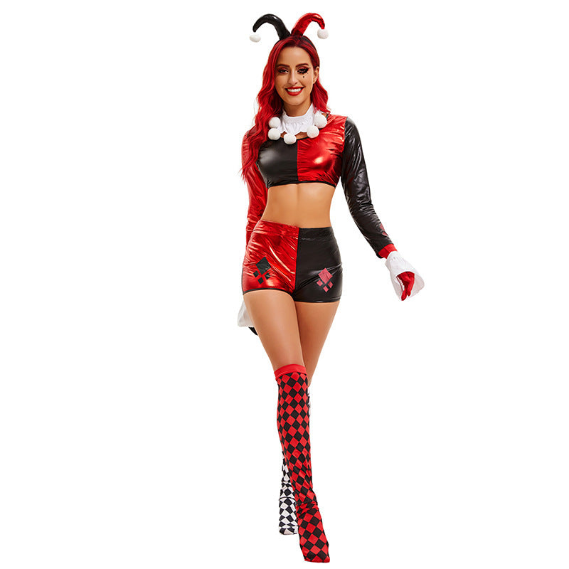 Sexy Jester Clown Costume Women Bodysuit Halloween Circus Black Red