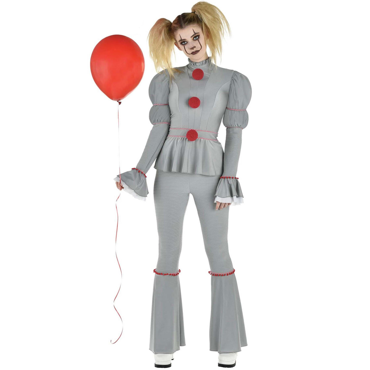 Horror Clown Costume for Women, front view on a white background