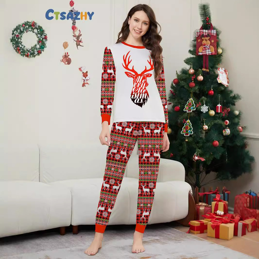 Christmas Deer Letter Snowflake Print Matching Family Pajamas Sleepwear European and American Style