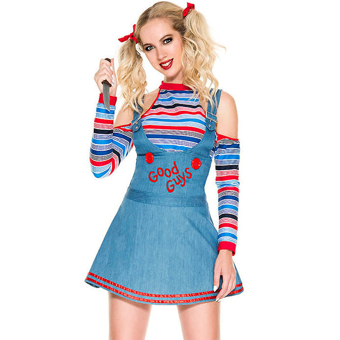Scary Doll Clown Costume for Women, front view on a white background
